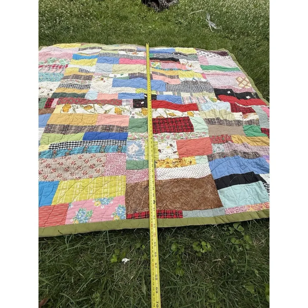 Antique Vintage 1930’s CRAZY QUILT Multi-Color Feed Sack Olive Green Back